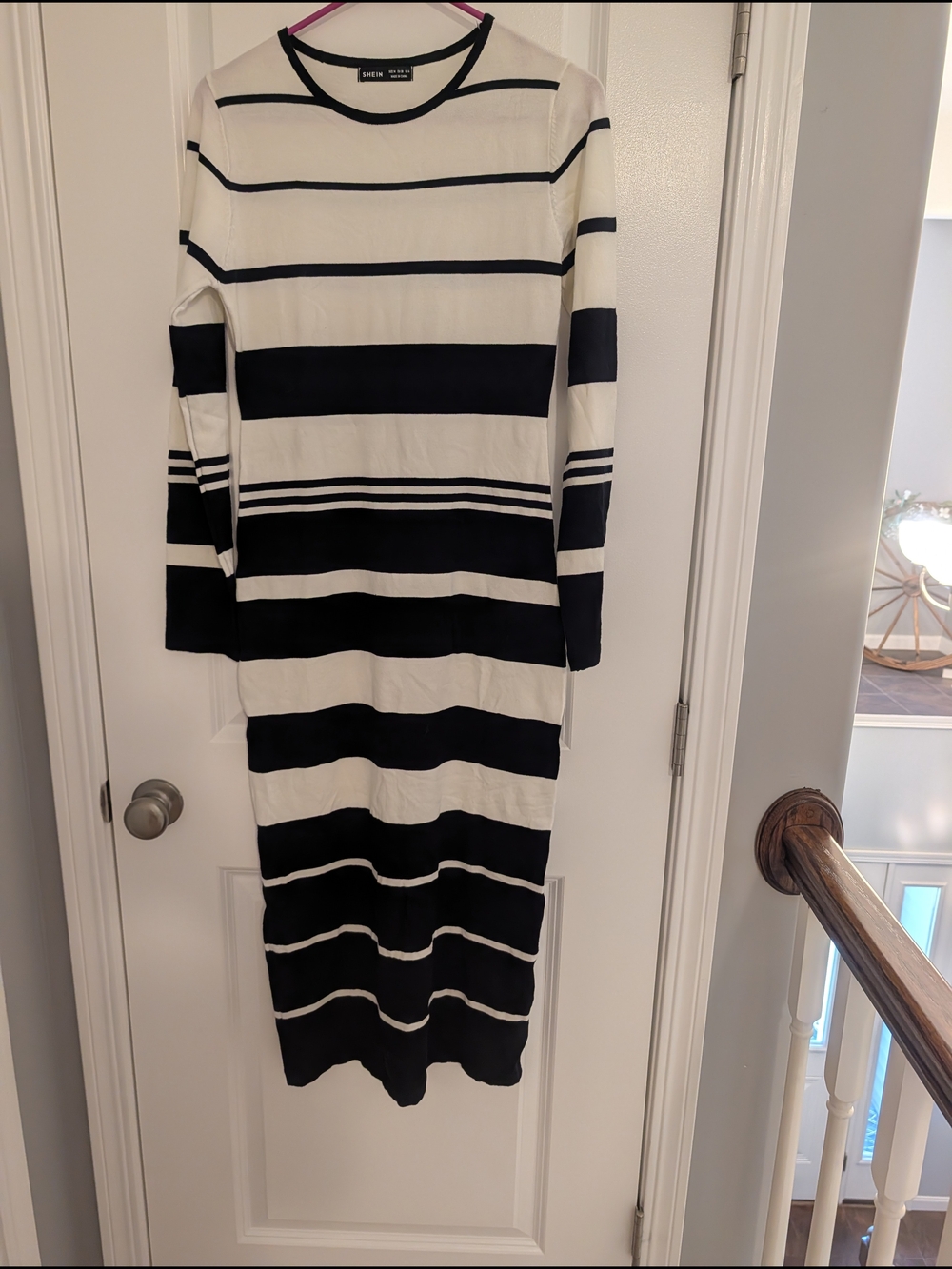 SHEIN Black and White Striped Long Sleeve Midi Dress